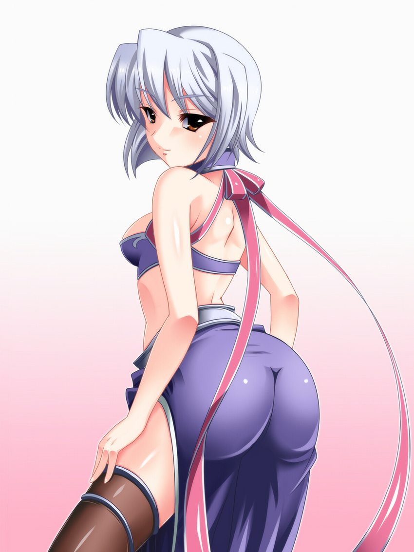 ass breasts highres kayuu koihime_musou looking_at_viewer looking_back medium_breasts shin_koihime_musou short_hair smile solo thighhighs yagami_(mukage)