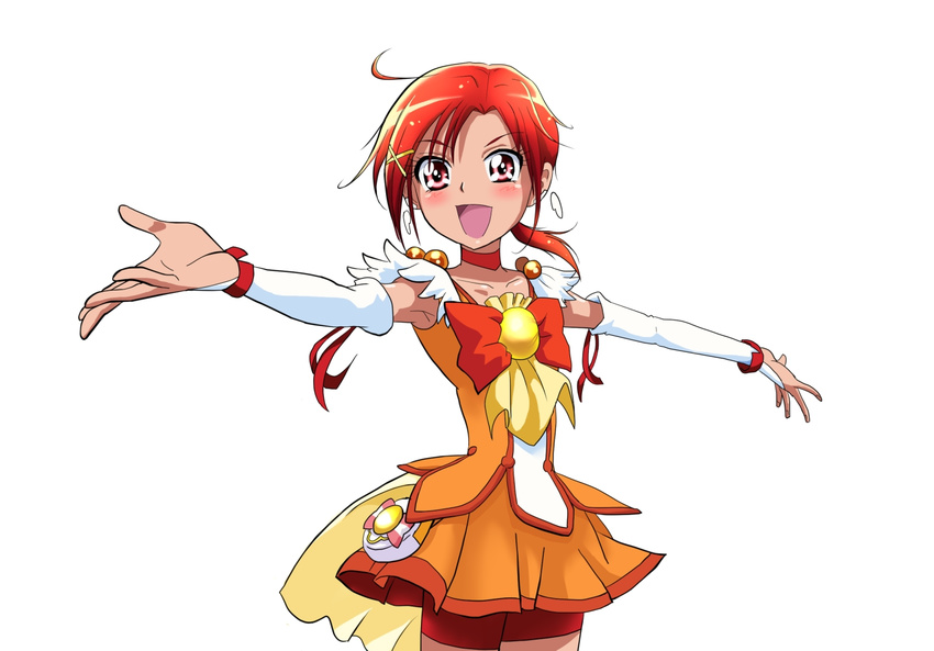 :d armpits bike_shorts bow bowtie brooch choker cure_sunny hair_ornament hairclip hino_akane_(smile_precure!) jewelry magical_girl open_mouth orange_(color) orange_choker orange_neckwear orange_skirt outstretched_arms ponsuke precure red_eyes red_hair red_shorts short_hair shorts shorts_under_skirt skirt smile smile_precure! solo spread_arms white_background