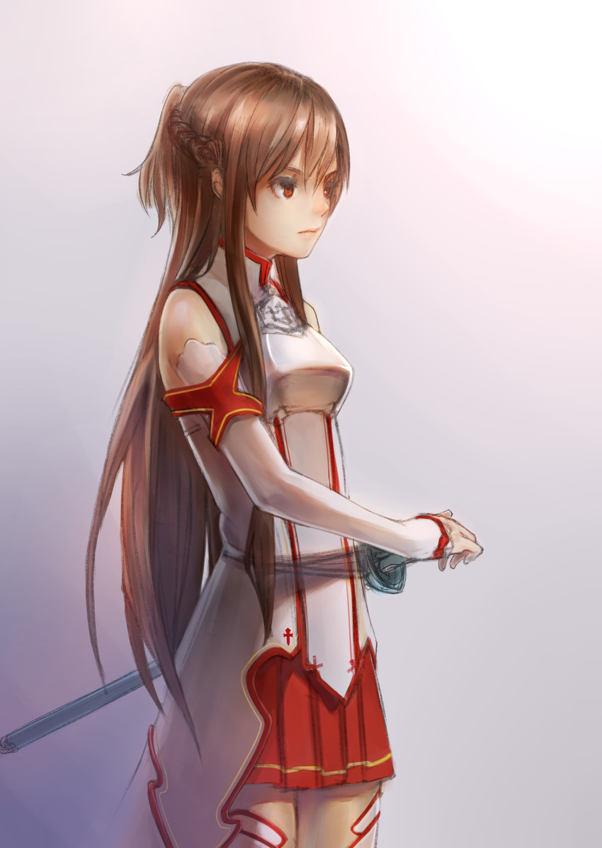 asuna_(sao) bare_shoulders breastplate brown_hair detached_sleeves highres long_hair masashi_(excellent) red_eyes sketch solo sword sword_art_online weapon