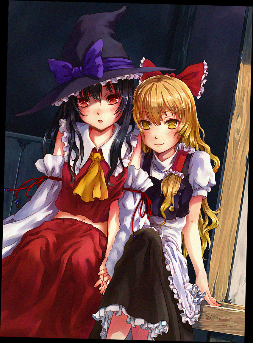 ascot bad_id bad_pixiv_id black_hair blonde_hair blush bow detached_sleeves hair_bow hair_tubes hakurei_reimu hat hat_bow headwear_switch highres holding_hands kirisame_marisa long_hair multiple_girls red_eyes smile totuka touhou witch_hat yellow_eyes