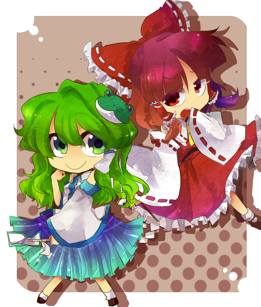 ascot bow brown_hair detached_sleeves frog_hair_ornament green_eyes green_hair hair_bow hair_ornament hair_tubes hakurei_reimu highres kochiya_sanae long_hair multiple_girls open_mouth rarorimiore red_eyes short_hair skirt smile snake touhou