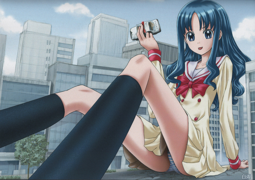 :p blue_eyes blue_hair car eichikei_(hakuto) giantess ground_vehicle heartcatch_precure! highres kurumi_erika motor_vehicle myoudou_gakuen_middle_school_uniform panties police_car precure striped striped_panties tongue tongue_out tree underwear v-shaped_eyebrows