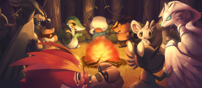 blue_eyes campfire darmanitan fire forest gen_5_pokemon gothitelle minccino nature no_humans oshawott patrat pokemon pokemon_(creature) red_eyes reshiram sandile snivy tepig torio_(mocd1985) wings yellow_eyes zekrom