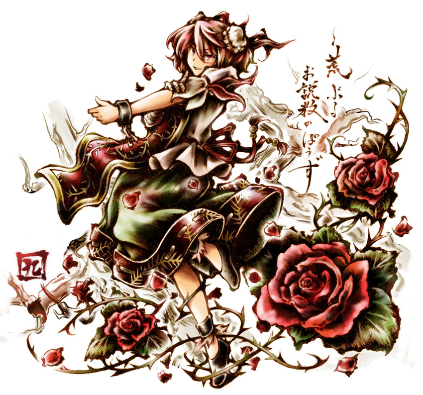 bandages cuffs double_bun flower highres ibaraki_kasen link163353 red_eyes red_hair rose solo thorns touhou