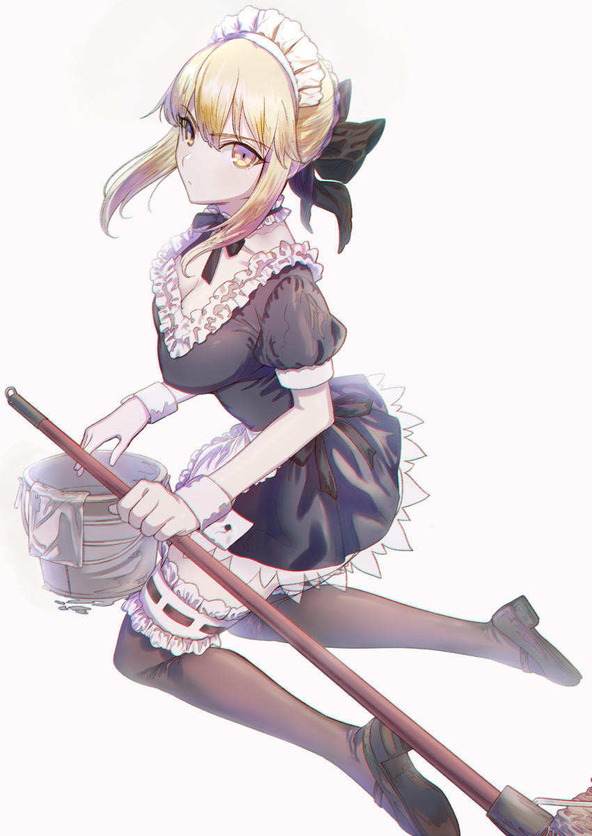 1girl absurdres apron artoria_pendragon_(all) black_dress black_legwear blonde_hair bow bowtie braid bucket dress eyebrows_visible_through_hair fate_(series) frills hair_bow highres holding kujuu_shikuro looking_at_viewer maid maid_apron maid_headdress saber_alter short_sleeves simple_background solo thighhighs white_background wrist_cuffs yellow_eyes