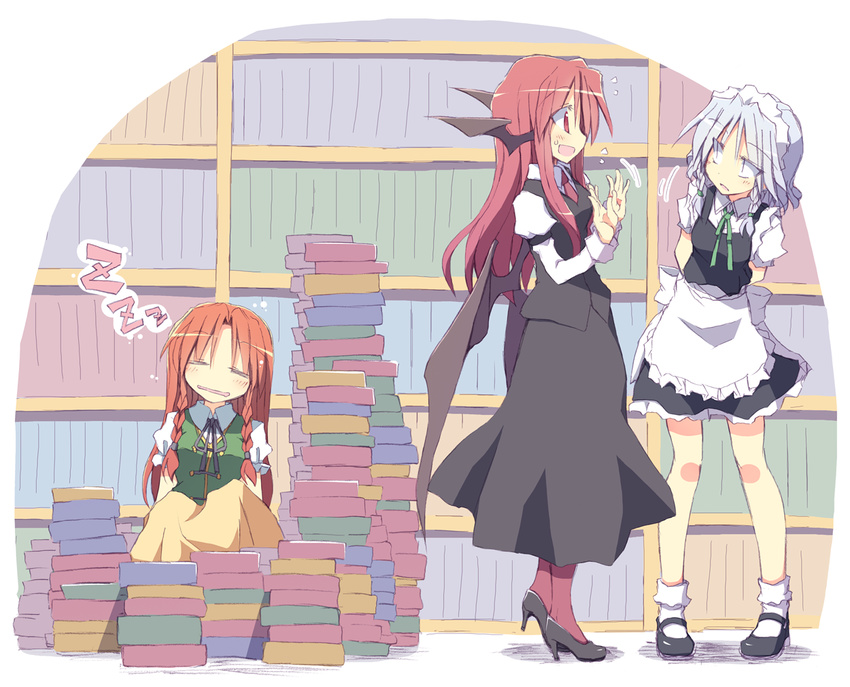 :d =_= apron bat_wings blanket blush bobby_socks book book_stack braid brown_hair closed_eyes commentary dress_shirt flying_sweatdrops head_wings hiding high_heels hong_meiling izayoi_sakuya koakuma leaning long_hair long_sleeves looking low_wings maid maid_headdress mary_janes multiple_girls nervous no_hat no_headwear open_mouth pantyhose red_eyes red_hair red_legwear satou_kibi shirt shoes short_sleeves silver_hair sitting sitting_on_books skirt skirt_set sleeping smile socks sweatdrop too_many too_many_books touhou twin_braids vest waist_apron white_legwear white_shirt wings zzz