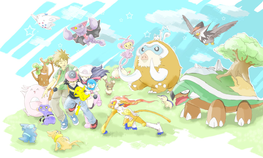 highres hikari_(pokemon) pikachu pokemon pokemon_(anime) satoshi_(pokemon) takeshi_(pokemon)