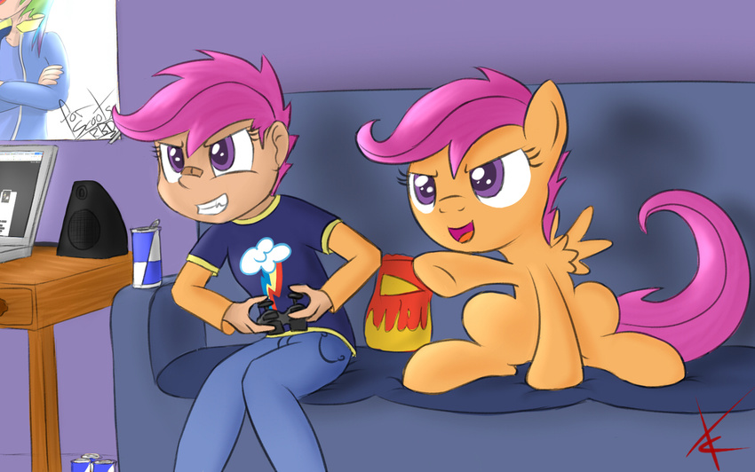 bandage can clothing computer controller cradeelcin cub duo equine female feral friendship_is_magic hair horse human humanized inside laptop mammal my_little_pony pegasus pony purple_eyes purple_hair scootaloo_(mlp) sitting sofa speakers square_crossover wings young