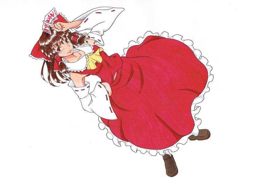 absurdres ascot bacon_(shippo_no_hito) bad_id bad_pixiv_id bow brown_hair colorized detached_sleeves hair_bow hair_tubes hakurei_reimu hand_on_hip highres long_hair simple_background smile solo touhou white_background yagami_(mukage)