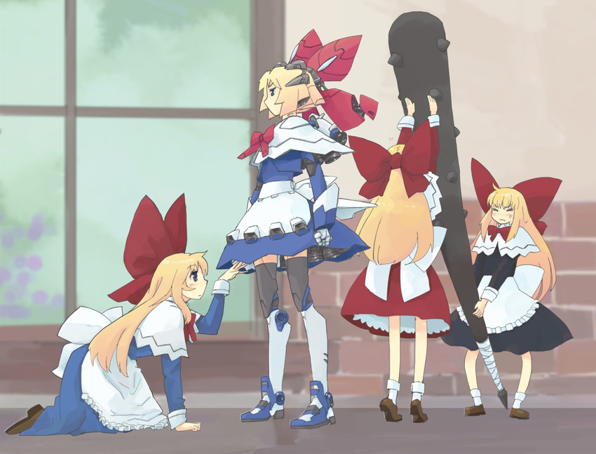 blonde_hair blue_eyes blush bow capelet club dress hair_bow hourai_doll lifting long_hair mechanization multiple_girls pinzu shanghai_doll short_hair spiked_club tiptoes touhou weapon