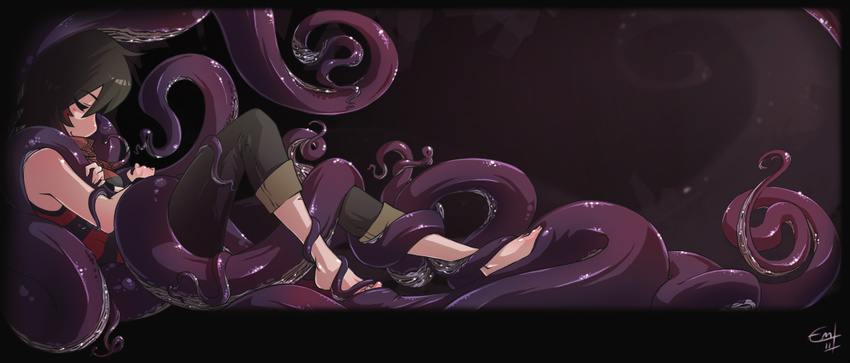 barefoot closed_eyes consensual_tentacles hushabye monster_girl original smile solo tentacles