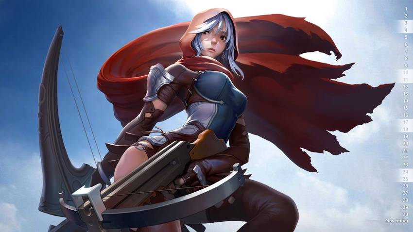 blue_hair boots bow_(weapon) breasts brown_eyes calendar_(medium) cape cowl crossbow earrings fantasy highres hood jewelry large_breasts long_hair nfb-zmc original purple_hair solo thighhighs warrior weapon widescreen wind