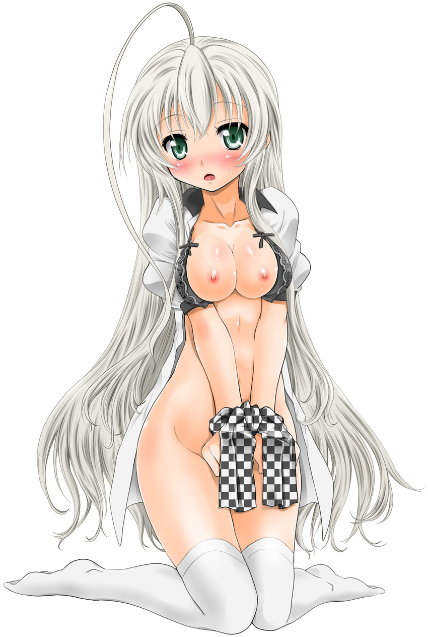 ahoge bdsm blush bondage bound bra breasts checkered green_eyes haiyore!_nyaruko-san highres huge_ahoge long_hair looking_at_viewer medium_breasts nipples no_panties nyarlathotep_(nyaruko-san) silver_hair simple_background solo thighhighs underwear white_background white_legwear yoshitani_motoka