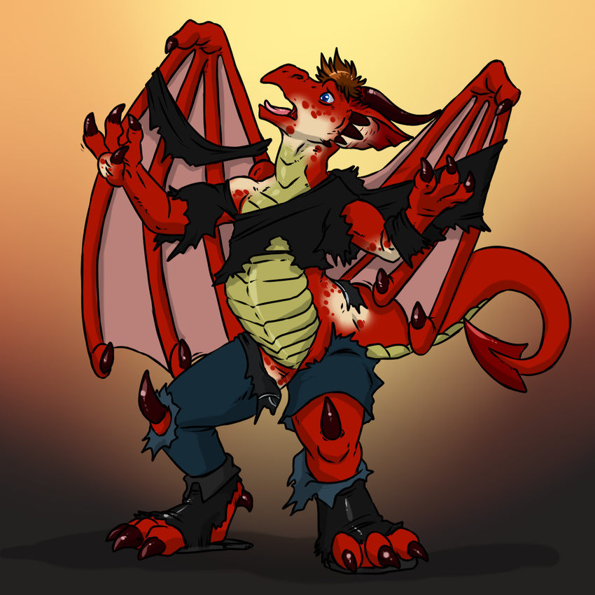 ambiguous_gender blue_eyes boots brown_hair claws clothed clothing dragon fold_wings gradient_background hair horn jeans jersey looking_away open_mouth pants plain_background raised_arm red_background red_body red_theme scales scalie shirt shoes solo standing torn_clothing transformation wings