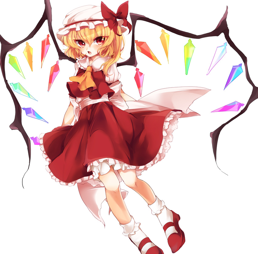 ascot asprach blonde_hair blush bow flandre_scarlet hat hat_bow highres long_hair open_mouth red_eyes side_ponytail simple_background skirt skirt_set solo touhou white_background wings