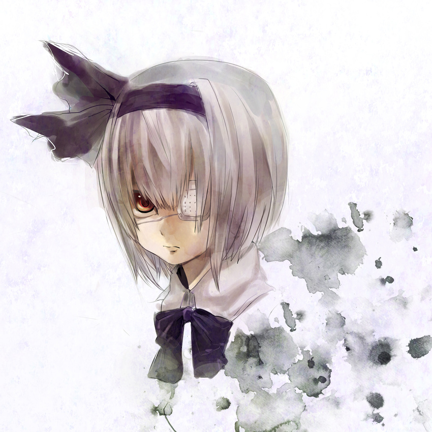 black_hairband bow eyepatch hair_ribbon hairband highres konpaku_youmu portrait rarorimiore red_eyes ribbon short_hair silver_hair solo touhou traditional_media watercolor_(medium)