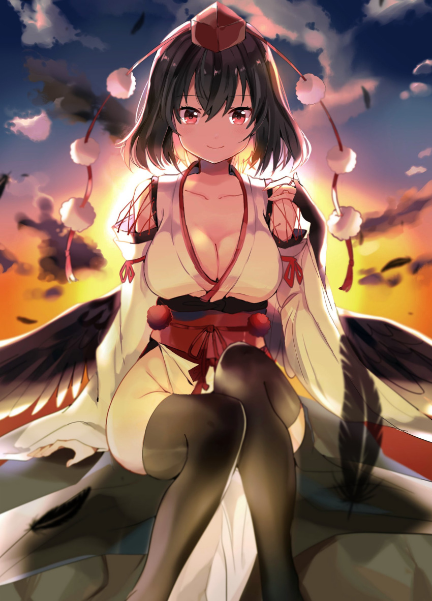 1girl absurdres alternate_costume arm_ribbon arm_support bangs bare_shoulders black_gloves black_hair black_legwear black_wings blush breasts cleavage cloud collarbone commentary_request eyebrows_visible_through_hair feathered_wings feathers fingerless_gloves gloves groin hair_between_eyes hand_up hat highres kourindou_tengu_costume large_breasts long_sleeves looking_at_viewer outdoors pelvic_curtain pom_pom_(clothes) potesara red_eyes red_ribbon red_sash ribbon rock sash shameimaru_aya short_hair sitting smile solo sun sunset tassel thighhighs thighs tokin_hat touhou wide_sleeves wings