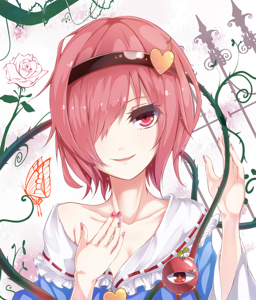 bad_id bad_pixiv_id berukko bug butterfly collarbone commentary_request flower hair_over_one_eye hairband heart highres insect komeiji_satori looking_at_viewer nail_art off_shoulder pink_eyes pink_hair plant smile solo third_eye thorns touhou upper_body vines