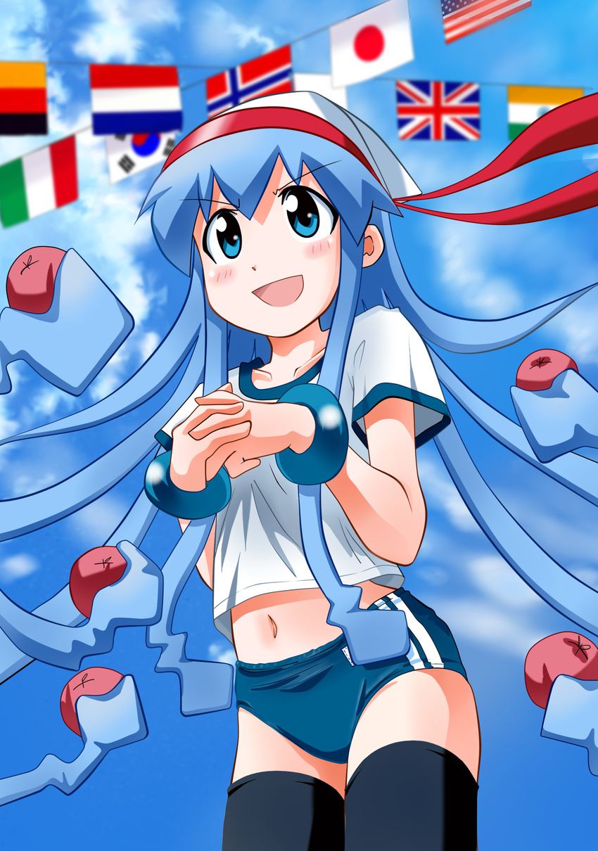 alternate_costume american_flag apple ball_toss bean_bag black_legwear blue_eyes blue_hair blush bracelet buruma cloud day flag flags_of_all_nations food fruit german_flag gym_uniform hat headband highres ikamusume italian_flag japanese_flag jewelry long_hair navel norwegian_flag rokushaku_neko shinryaku!_ikamusume sky solo south_korean_flag sports_festival string_of_flags tentacle_hair thighhighs union_jack