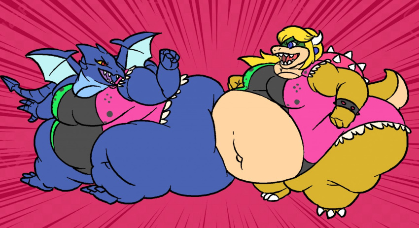 alien alternate_species belly blonde_hair blue_eyes breasts butt claws clothing digital_media_(artwork) dragon duo female hair jangleforks koopa looking_at_another mario_bros metroid nintendo non-mammal_breasts obese open_mouth overweight overweight_female princess_koopa princess_peach samus_aran scalie space_dragon_(metroid) spikes thick_thighs video_games voluptuous wide_hips