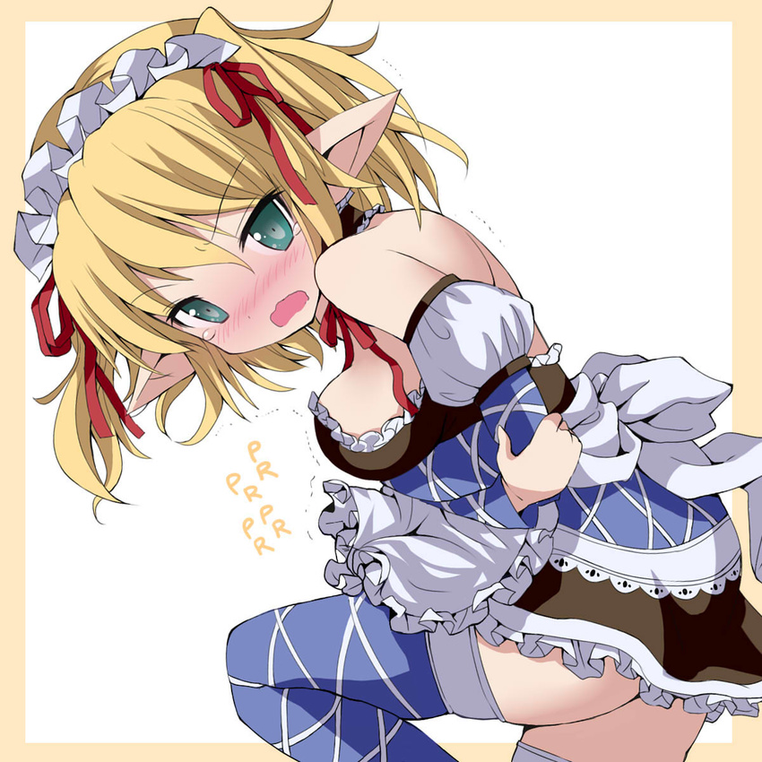 adapted_costume alternate_costume alternate_hairstyle bare_shoulders blonde_hair blue_legwear blush border breasts covering embarrassed enmaided error givuchoko green_eyes hair_ribbon highres leg_up looking_at_viewer maid maid_headdress medium_breasts mizuhashi_parsee neck_ribbon open_mouth pointy_ears ribbon short_hair skirt solo tears thighhighs touhou twintails
