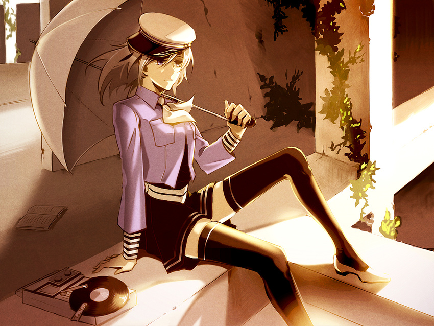 ama_no_jaku_(vocaloid) bad_id bad_pixiv_id gumi hat jack_amano ktsis sitting skirt solo thighhighs umbrella vocaloid