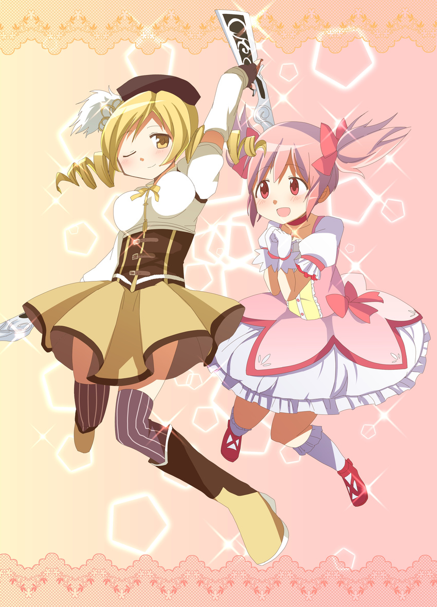 absurdres bad_id bad_pixiv_id beret blonde_hair boots breasts bubble_skirt choker corset dress drill_hair fingerless_gloves frills gloves gradient gradient_background hair_ornament hair_ribbon hat highres kaname_madoka magical_girl mahou_shoujo_madoka_magica medium_breasts multiple_girls official_style one_eye_closed pink_background pink_hair pleated_skirt ribbon shirt short_twintails skirt sparkle striped striped_legwear taut_clothes taut_shirt thighhighs tomoe_mami twintails vertical-striped_legwear vertical_stripes yellow_background yuri-0609