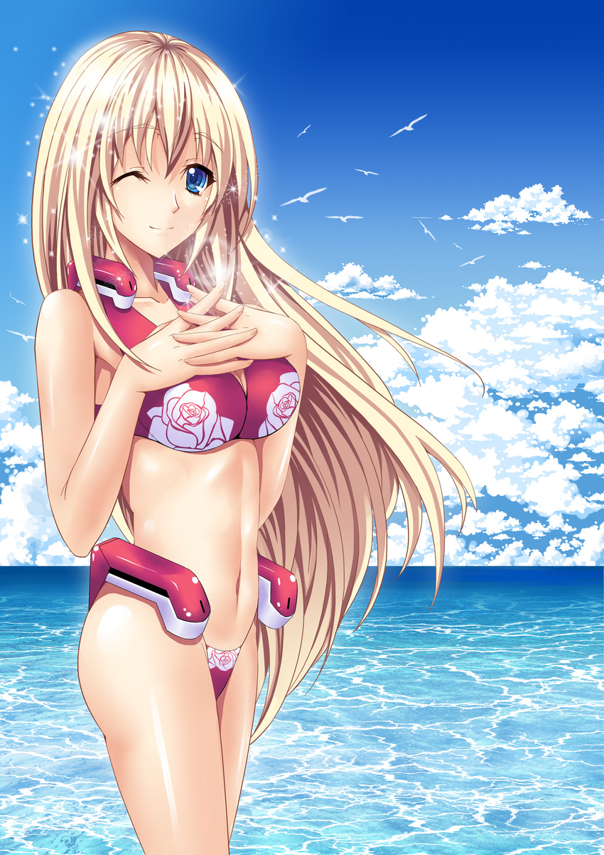 absurdres bad_id bad_pixiv_id bikini blonde_hair blue_eyes breast_suppress breasts cloud day heidi_ogezevara highres kyoukaisenjou_no_horizon long_hair medium_breasts mizutsuki_rei navel ocean one_eye_closed sky smile solo sparkle swimsuit