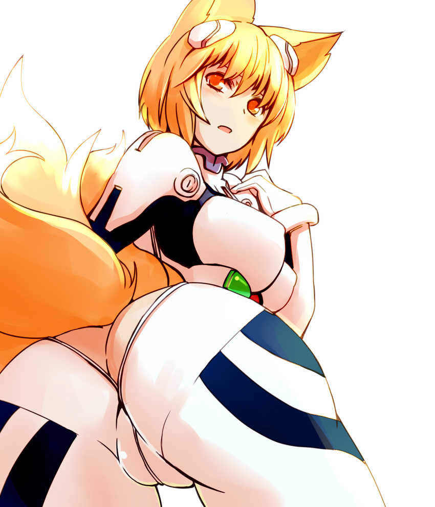 animal_ears ass ayanami_rei ayanami_rei_(cosplay) blonde_hair blush bodysuit breasts cosplay dearmybrothers fox_ears fox_tail hair_ornament highres large_breasts multiple_tails neon_genesis_evangelion open_mouth plugsuit solo tail touhou white_background white_bodysuit yakumo_ran yellow_eyes