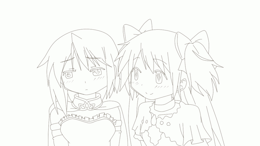 animated animated_gif armband bow cape cheek-to-cheek hair_bow hangaku kaname_madoka long_hair luminous_(madoka_magica) magical_girl mahou_shoujo_madoka_magica miki_sayaka monochrome multiple_girls short_hair sketch spoilers two_side_up ultimate_madoka