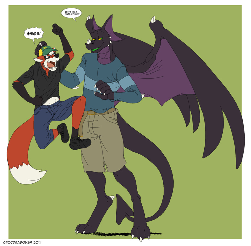 angry anthro belt biceps big black_dragon black_scales canine claws clothing crocdragon89 dragon duo fangs fox male mammal muscles open_mouth pants pose purple_skin reptile scalie shirt size_difference wings zeke_(crocdragon89)