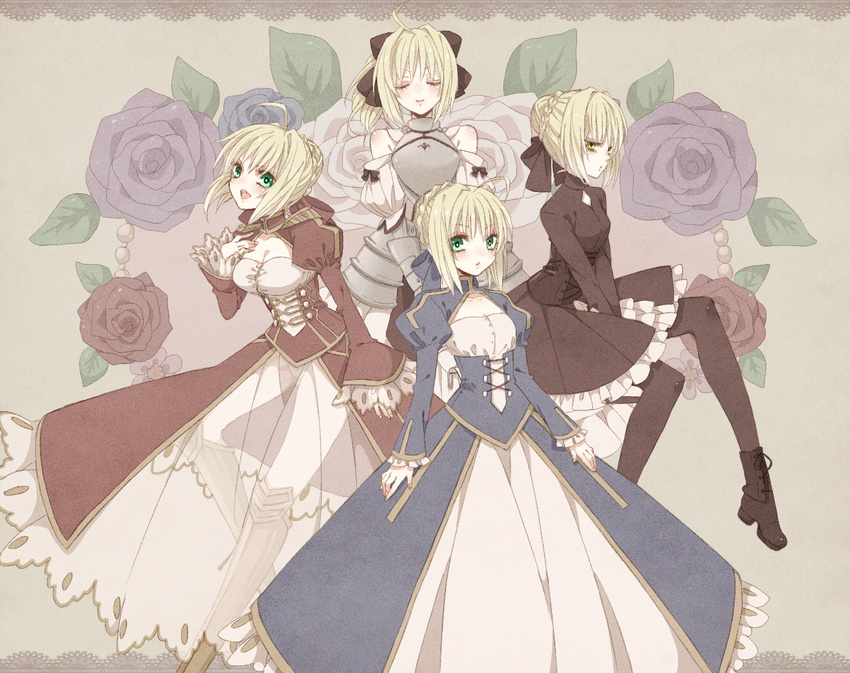 ahoge armor armored_dress artoria_pendragon_(all) bare_shoulders blonde_hair blue_flower blue_rose boots bow breasts cleavage cleavage_cutout closed_eyes detached_sleeves dress fate/extra fate/stay_night fate/unlimited_codes fate_(series) faulds flower frills greaves green_eyes hair_bow juliet_sleeves long_sleeves md5_mismatch medium_breasts multiple_girls multiple_persona nero_claudius_(fate) nero_claudius_(fate)_(all) pantyhose puffy_sleeves purple_flower purple_rose red_flower red_rose rose saber saber_alter saber_lily see-through xxmlkxx yellow_eyes