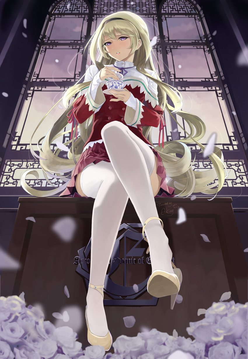 absurdres blonde_hair blue_eyes cup from_below hairband highres holding long_hair looking_at_viewer okingjo open_mouth original petals purple_eyes saucer school_uniform shoe_dangle sitting skirt solo teacup thighhighs white_legwear window zettai_ryouiki