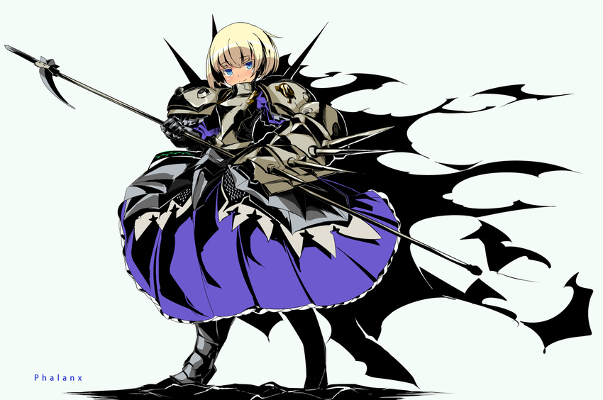 armor armored_dress blonde_hair blue_eyes gauntlets highres looking_at_viewer nadare-san_(nadare3nwm) phalanx_(sekaiju) polearm sekaiju_no_meikyuu sekaiju_no_meikyuu_3 simple_background smile solo spear spikes weapon