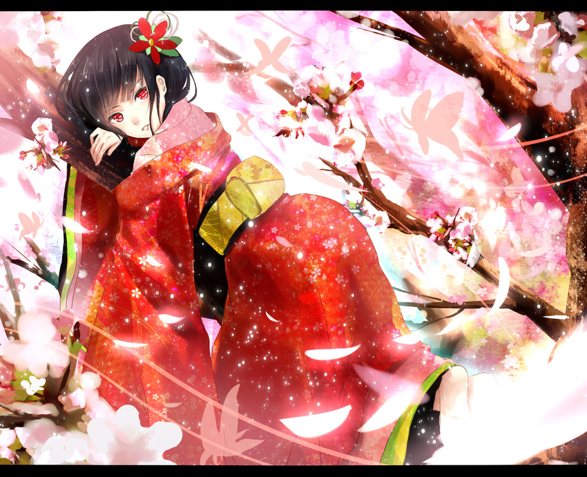bad_id bad_pixiv_id black_hair bug butterfly cherry_blossoms flower hair_ornament highres insect japanese_clothes kimono letterboxed long_hair looking_at_viewer looking_back lying obi on_stomach original petals red_eyes reio_reio sash smile solo tree