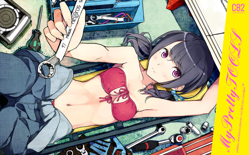 1girl arm_up armpits ayase_(ayasegiken) bare_shoulders black_hair breasts car cleavage collarbone front-tie_top highres jumpsuit light_smile long_hair looking_at_viewer lying mechanic motor_vehicle navel on_back original purple_eyes solo toolbox twintails vehicle wrench