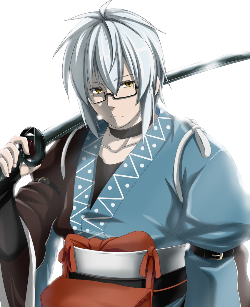 backlighting bad_id bad_pixiv_id bridal_gauntlets choker collarbone frown glasses highres katana male_focus morichika_rinnosuke over_shoulder pouch silver_hair simple_background solo sword sword_over_shoulder touhou try weapon weapon_over_shoulder white_background yellow_eyes