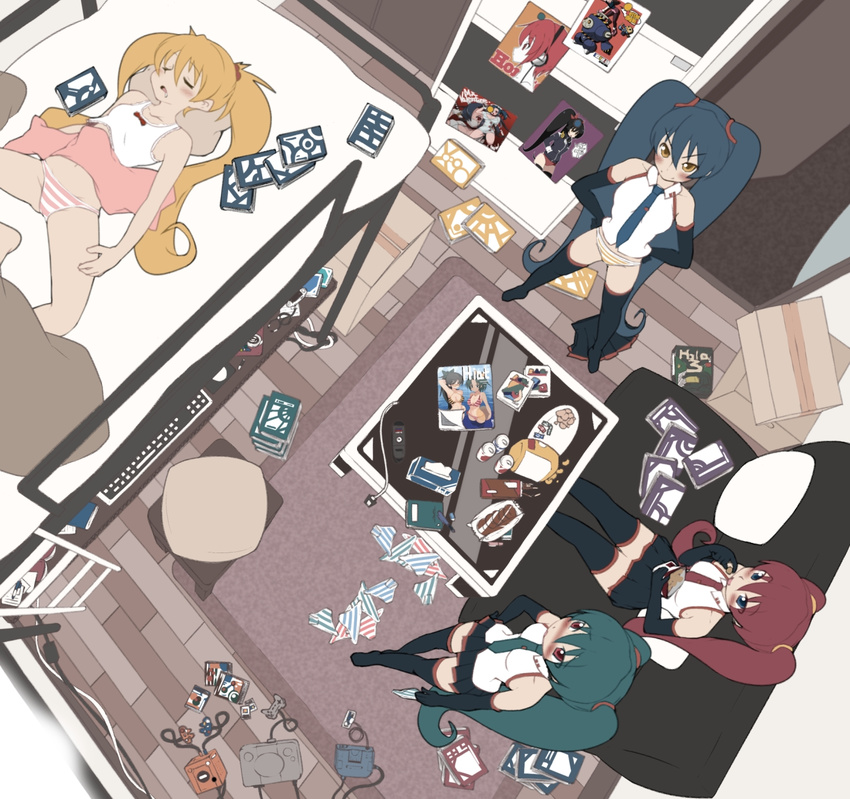 alternate_color aqua_eyes aqua_hair ashley_(warioware) bad_id bad_pixiv_id bed blonde_hair blush box bunk_bed can chips closed_eyes controller couch eating elbow_gloves food from_above game_console game_controller gamecube ganaha_hibiki gloves green_hair hand_on_hip hands_on_hips hatsune_miku highres idolmaster idolmaster_(classic) long_hair lying magazine multiple_girls natalia_(idolmaster) no_pants open_mouth panties playstation red_eyes red_hair saliva sitting skirt sleeping soda_can striped striped_panties thighhighs tissue_box twintails underwear valentine_(skullgirls) very_long_hair vocaloid yajirushi_kaku yellow_eyes