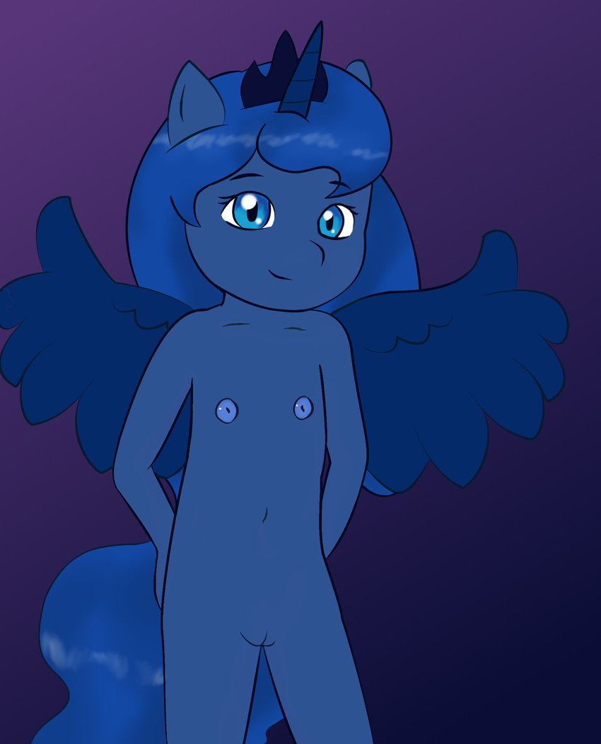 anthro anthrofied blue_eyes blue_hair crown equine female friendship_is_magic hair horn horse long_hair looking_at_viewer mammal my_little_pony nipples nude pegasus plain_background pony princess_luna_(mlp) pussy royalty simple_background smile solo unicorn winged_unicorn wings young zekromlover