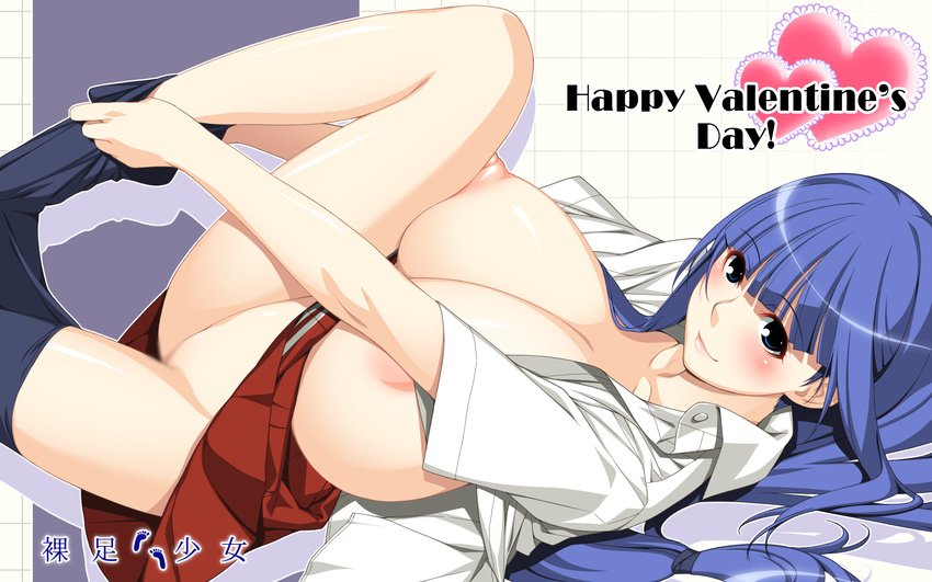 adjusting_clothes adjusting_legwear areolae bangs blue_eyes blue_hair blunt_bangs blush breast_press breasts censored fuutou_shizune happy_valentine highres huge_breasts ino kareshi_inai_reki_=_nenrei long_hair lying no_bra no_panties on_back open_clothes open_shirt oshioki_sweetie shirt skirt skirt_up smile solo thighhighs thighhighs_pull undressing valentine wallpaper