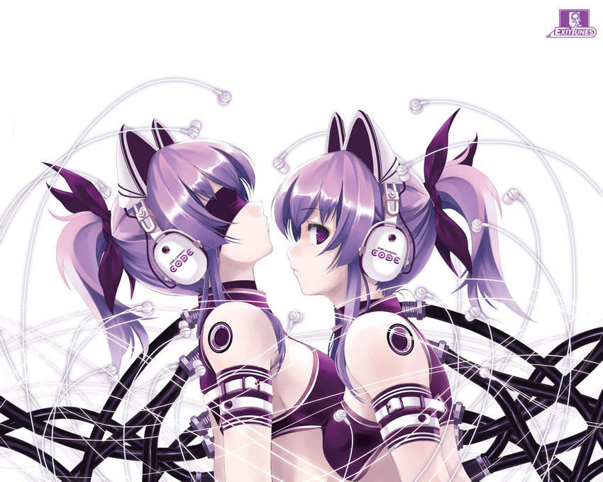 2girls animal_ears cradle exit_tunes headphones misaki_kurehito ponytail purple purple_eyes purple_hair techgirl twins white