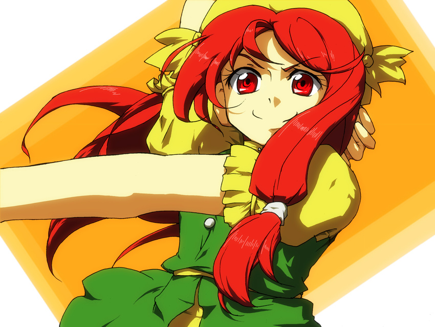 &gt;:) arm_up hand_behind_head highres hiseki_(tknkkm) long_hair low-tied_long_hair orange_(touhou) puffy_short_sleeves puffy_sleeves red_eyes red_hair short_sleeves smile solo touhou touhou_(pc-98) v-shaped_eyebrows