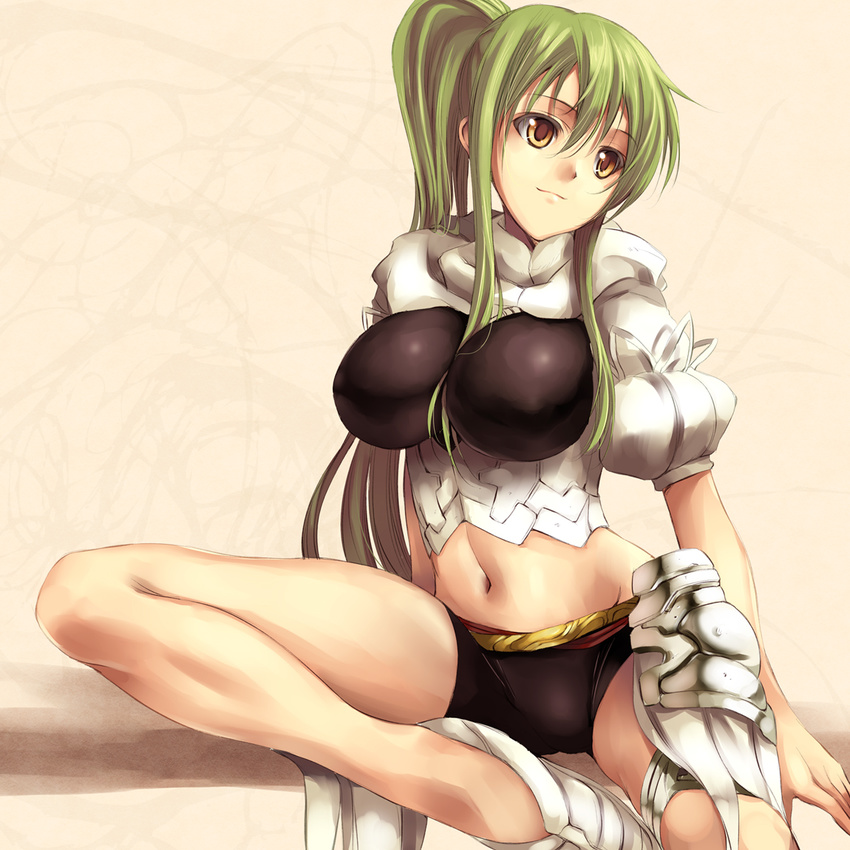 bad_id bad_pixiv_id bike_shorts borrowed_character breasts faulds fukai_ryousuke green_hair highres large_breasts long_hair midriff navel original ponytail puffy_sleeves shoes simple_background sitting smile solo sumi-chan_(sachito) yellow_eyes