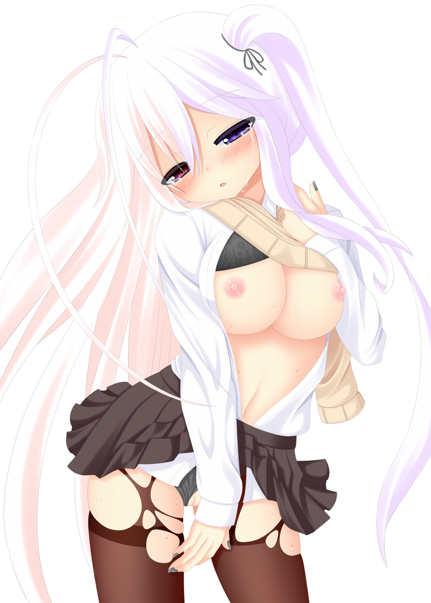 black_panties blush bra bra_lift breasts dress_shirt heterochromia highres large_breasts long_hair nail_polish navel nipples one_side_up open_clothes open_shirt original panties panties_aside pantyhose purple_eyes pussy red_eyes school_uniform shirt shirt_lift skirt solo tears torn_clothes torn_legwear underwear very_long_hair white_hair yoye_(pastel_white)