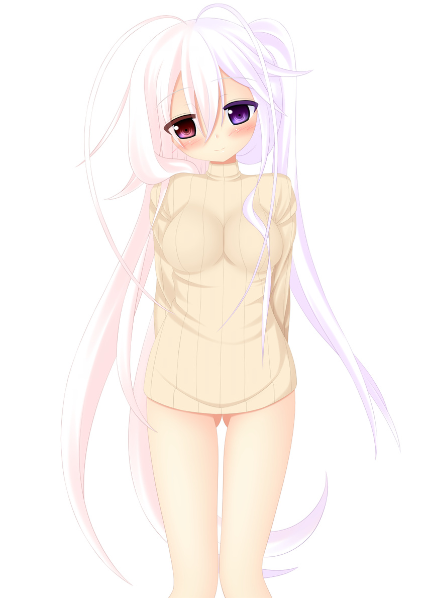 arms_behind_back bare_legs blush heterochromia highres long_hair multicolored_hair one_side_up original purple_eyes red_eyes smile solo sweater turtleneck very_long_hair white_hair yoye_(pastel_white)