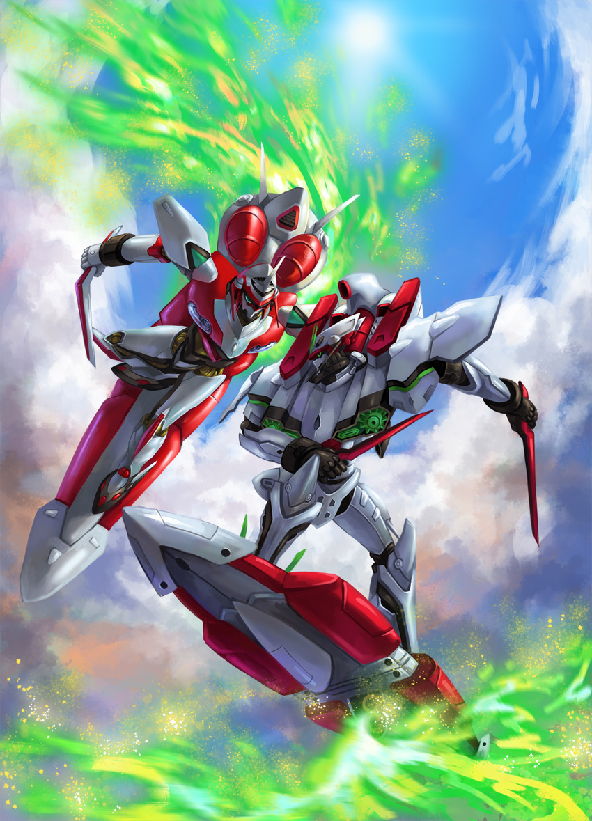 bad_pixiv_id battle board cloud dagger eureka_seven eureka_seven_(series) eureka_seven_ao flying highres mecha nirvash nirvash_neo nirvash_typezero no_humans pengnangehao sky sun weapon