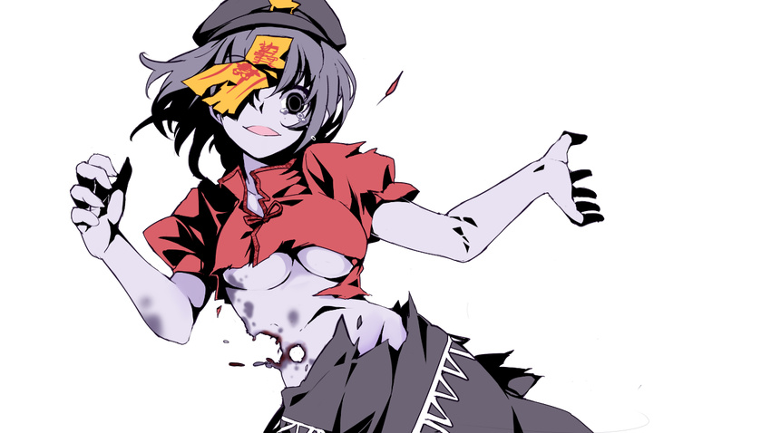 breasts chinese_clothes collarbone deep_wound grey_eyes grey_hair hat huangquan_dong_(sinchi) injury medium_breasts miyako_yoshika ofuda open_mouth puffy_sleeves short_hair short_sleeves smile solo star tears torn_clothes touhou transparent_background underboob