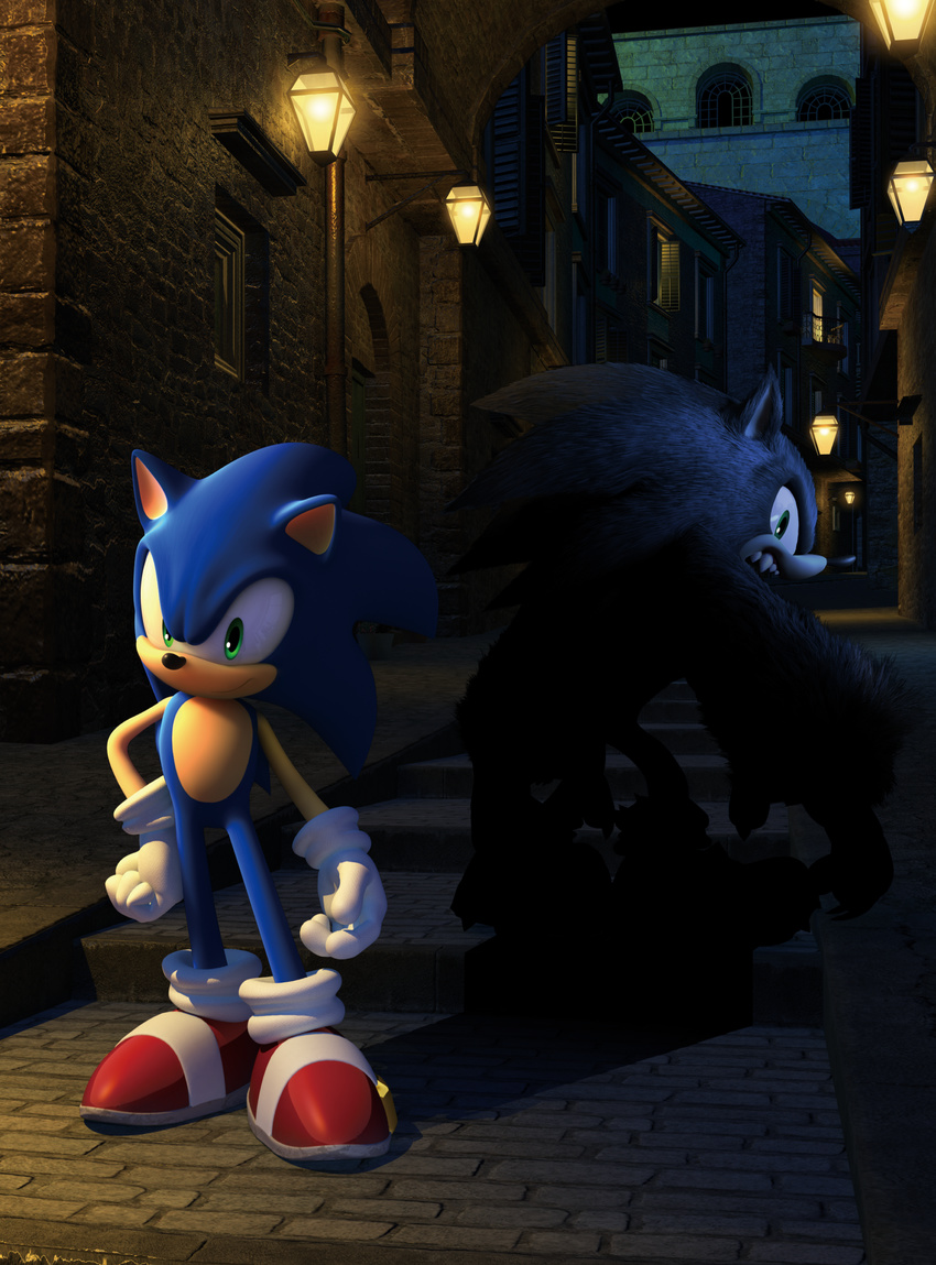 1boy 3d absurdres dual_persona gloves green_eyes highres night official_art sega sonic sonic_the_hedgehog sonic_unleashed