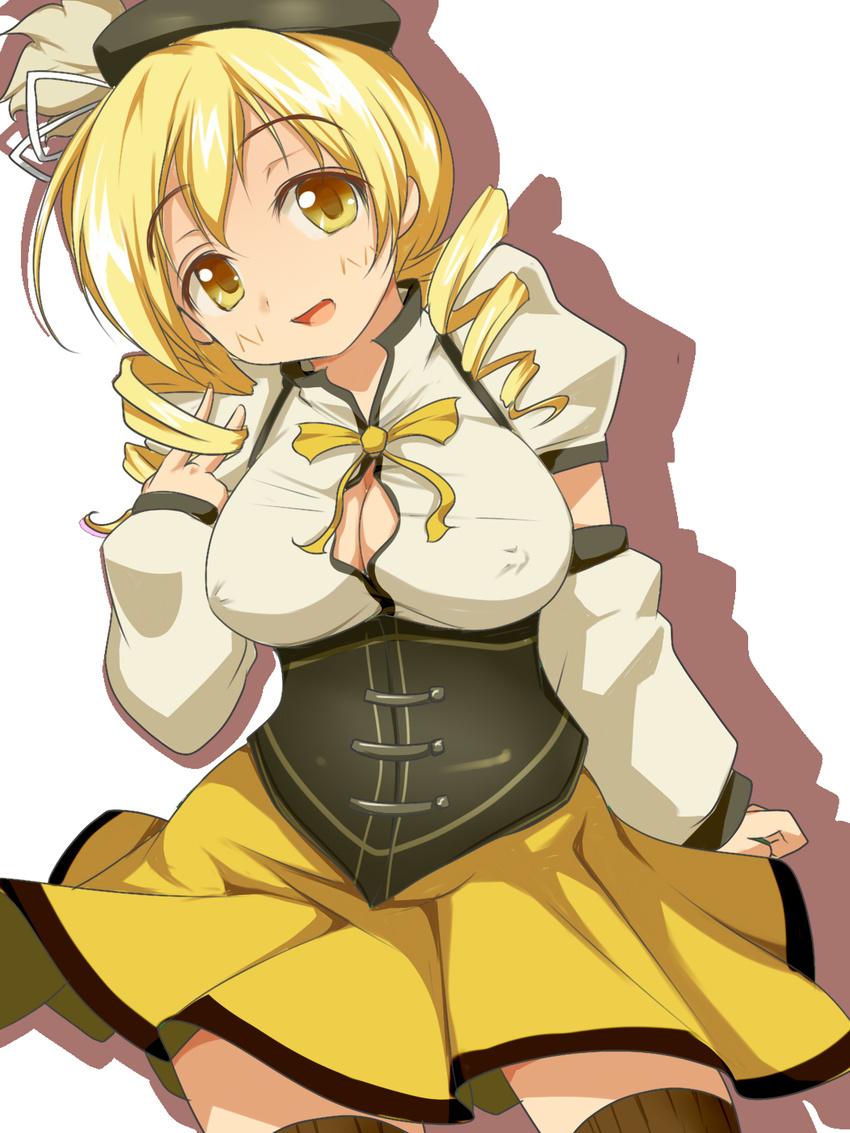 blonde_hair breasts cleavage covered_nipples drill_hair fukunaga_kazuhiro hat highres large_breasts magical_girl mahou_shoujo_madoka_magica no_bra open_mouth skirt smile solo thighhighs tomoe_mami twin_drills twintails yellow_eyes