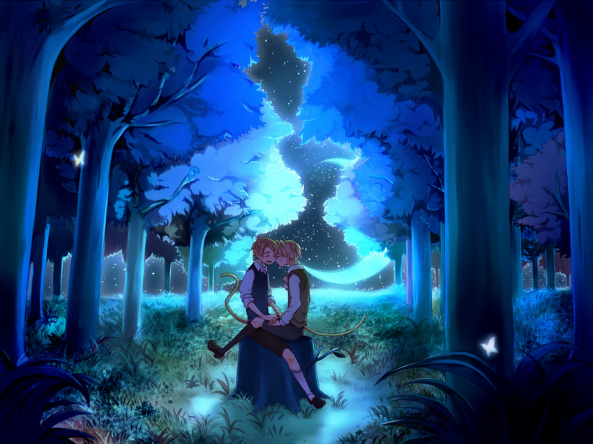 america_(hetalia) animal_ears axis_powers_hetalia bad_id bad_pixiv_id black_legwear blonde_hair blush bow bowtie cat_ears cat_tail closed_eyes forest holding_hands kneehighs male_focus multiple_boys nature night shiranabe shorts smile socks star tail tree tree_stump united_kingdom_(hetalia) vest white_legwear yaoi